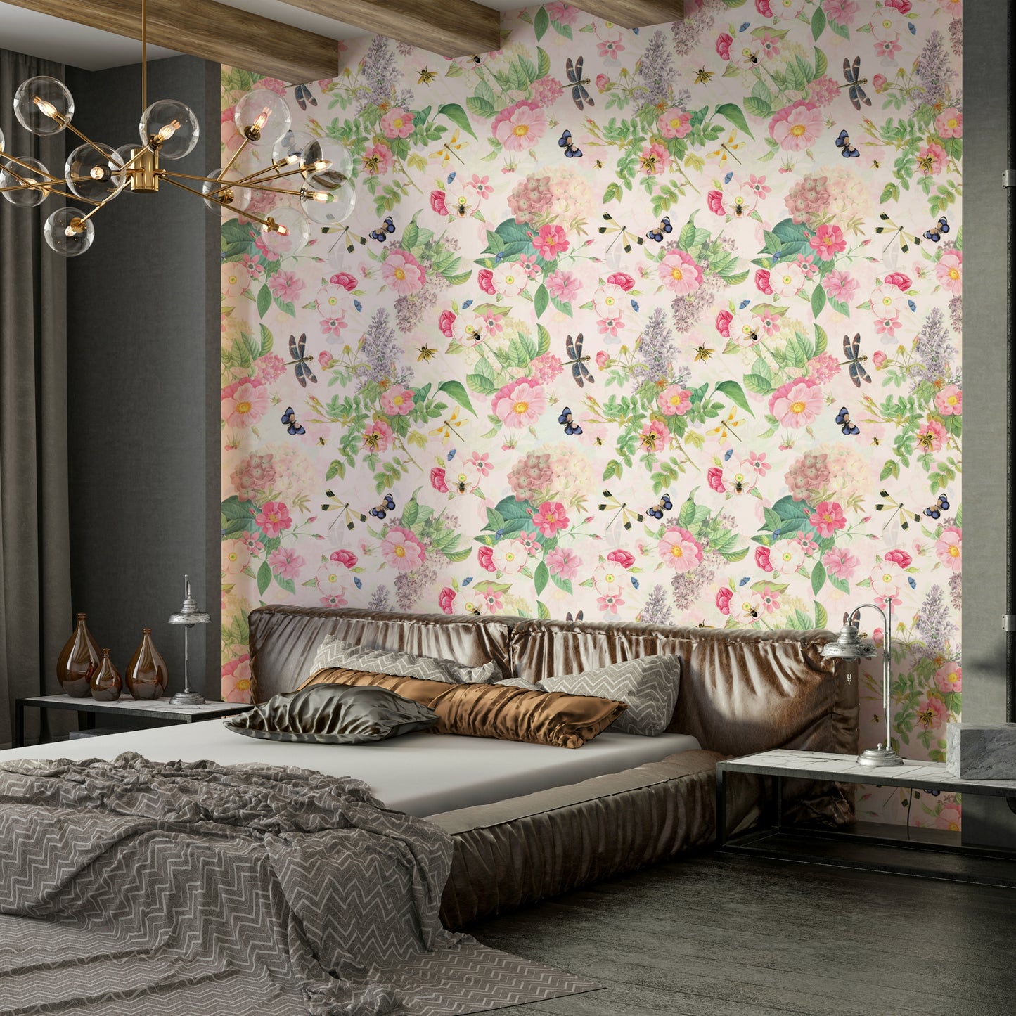 Floral vintage wallpaper with rose garden design for walls.

