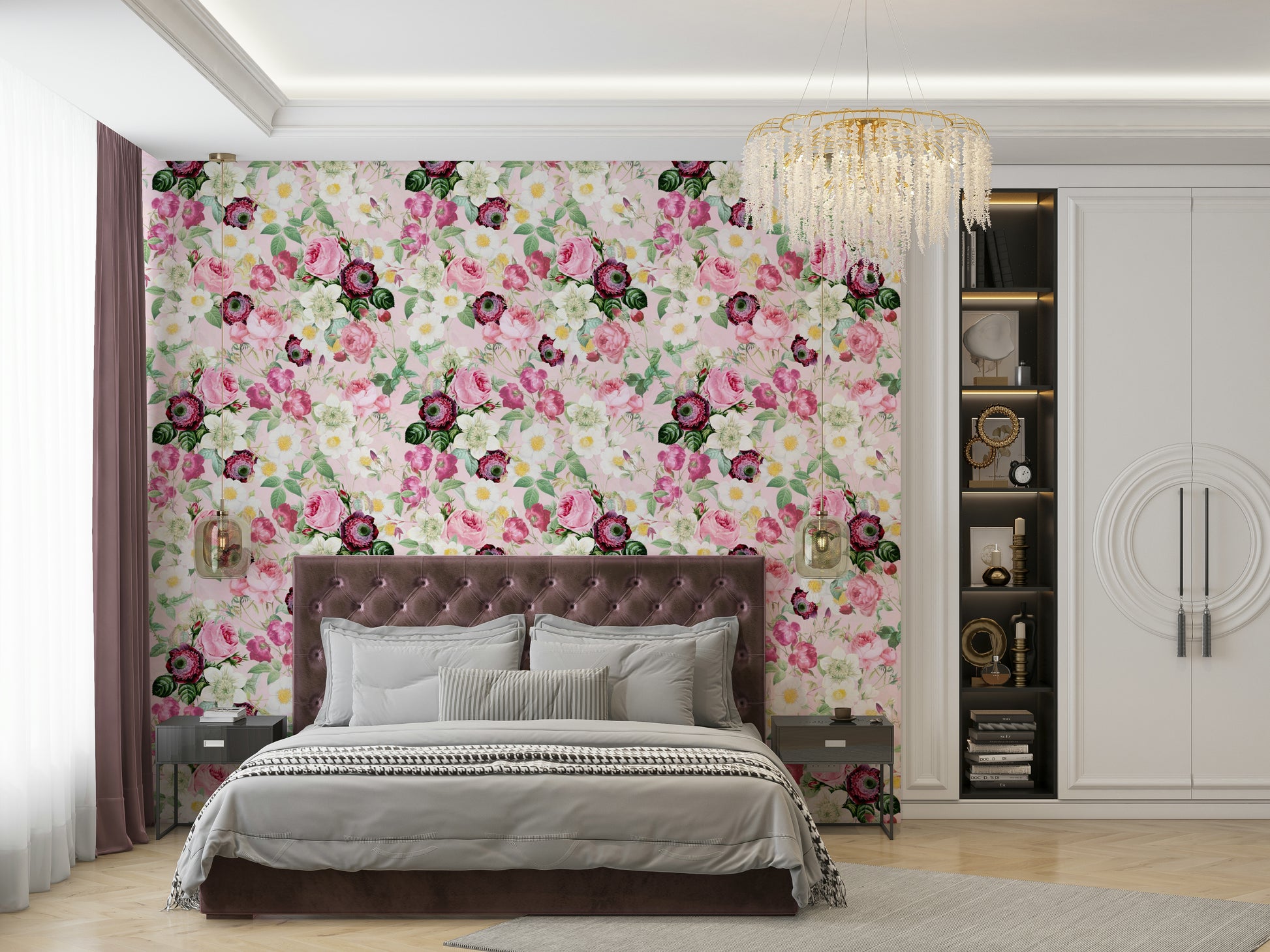 Dreamy Enchanted Garden wallpaper featuring delicate roses.

