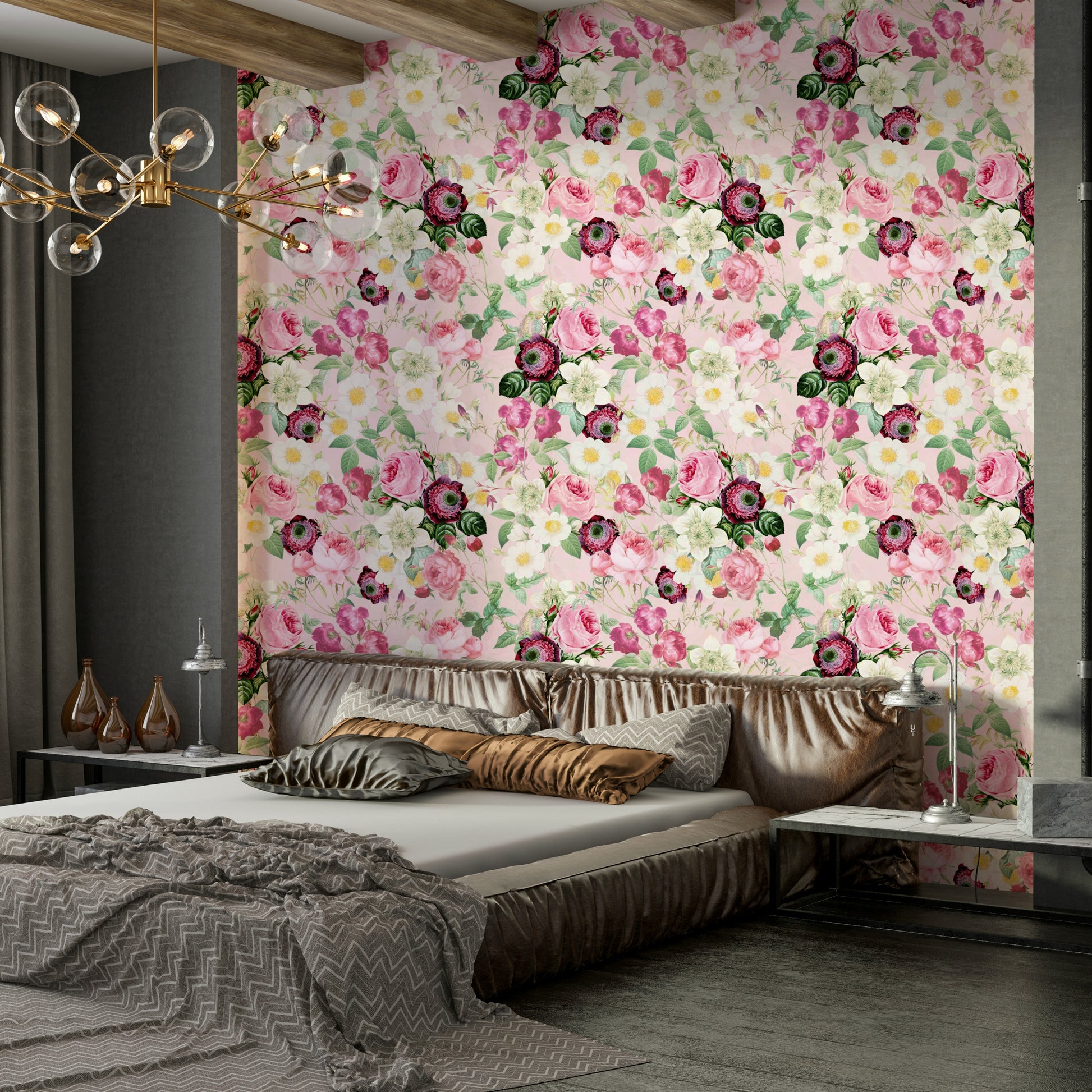 Elegant garden roses wallpaper for a romantic room design.

