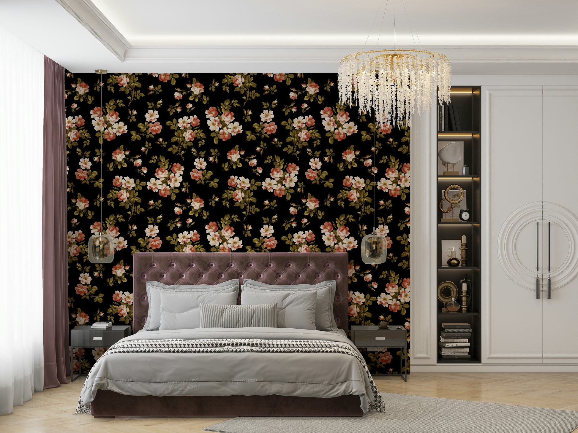 Vintage rose wallpaper with intricate floral details


