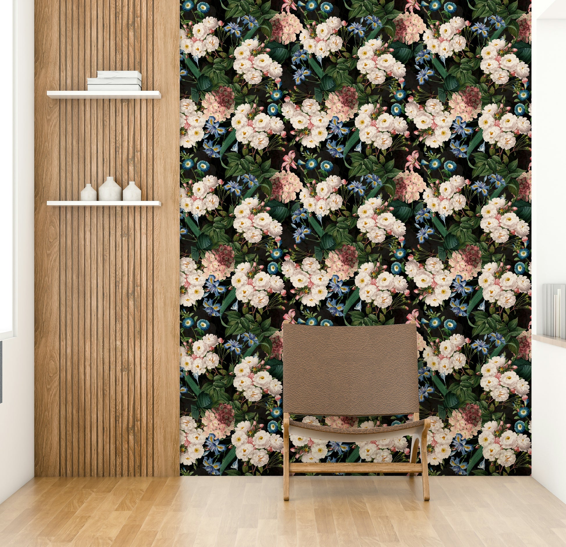 Trendy botanical wallpaper with dark florals and leaves