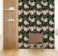 Trendy botanical wallpaper with dark florals and leaves