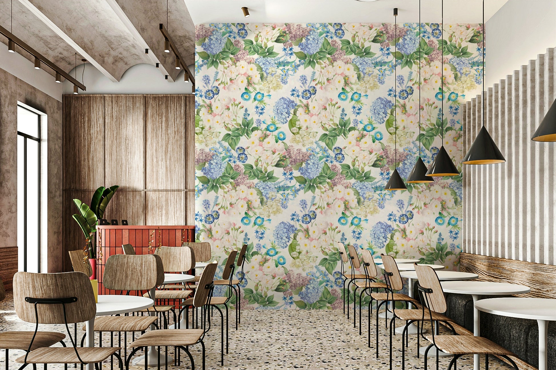 Soft-toned wallpaper featuring romantic roses and hydrangeas.

