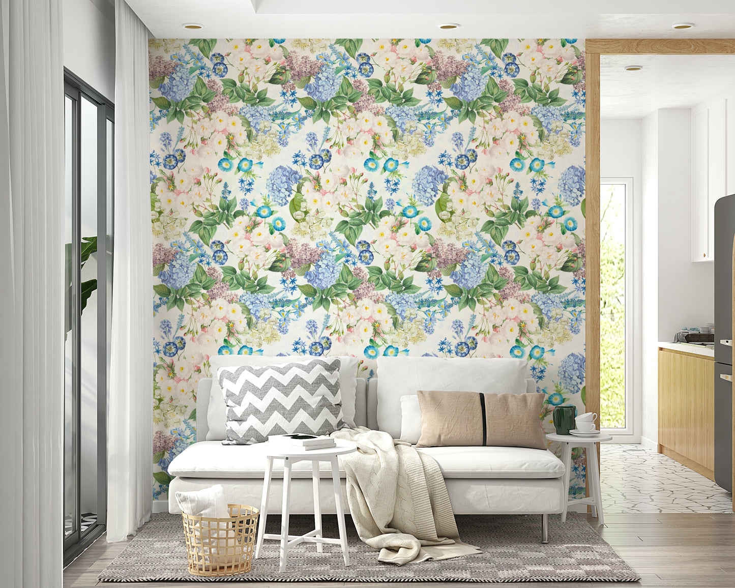 Serene rose and hydrangea wallpaper for a romantic room decor.

