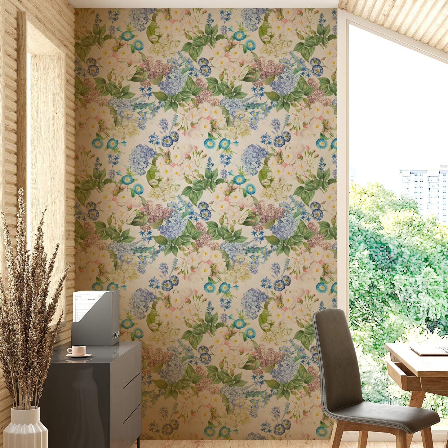 Elegant floral wallpaper featuring roses and hydrangeas.

