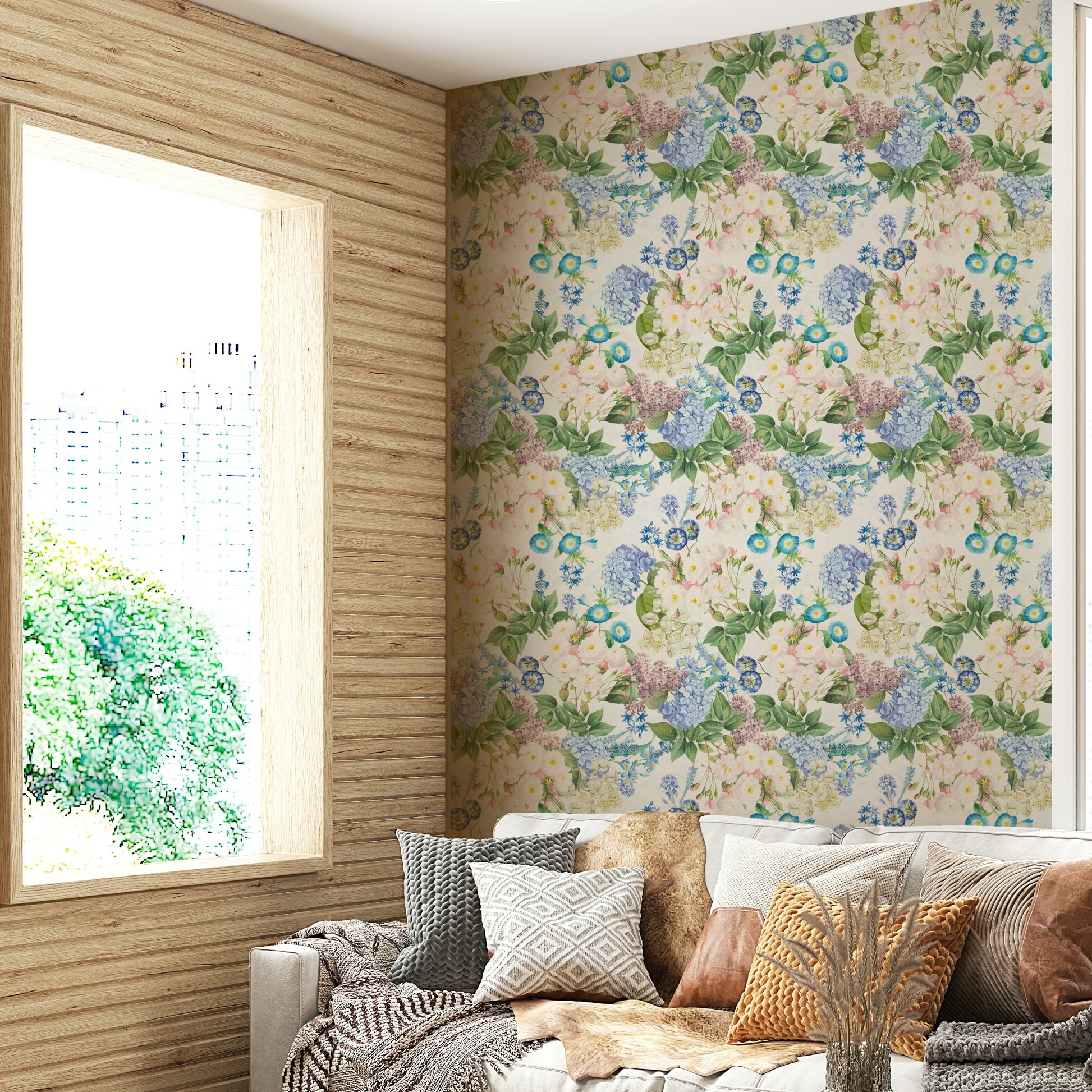 Vintage-inspired wallpaper with delicate rose and hydrangea blooms.

