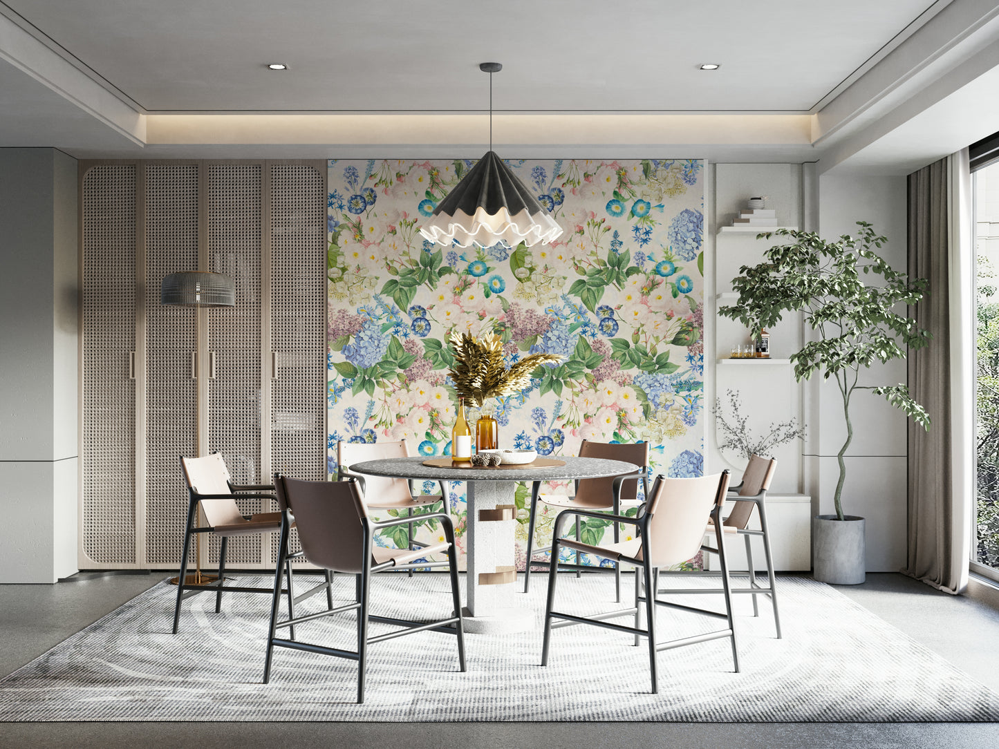 Beautiful floral wallpaper with pastel roses and hydrangeas.

