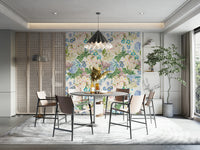 Beautiful floral wallpaper with pastel roses and hydrangeas.

