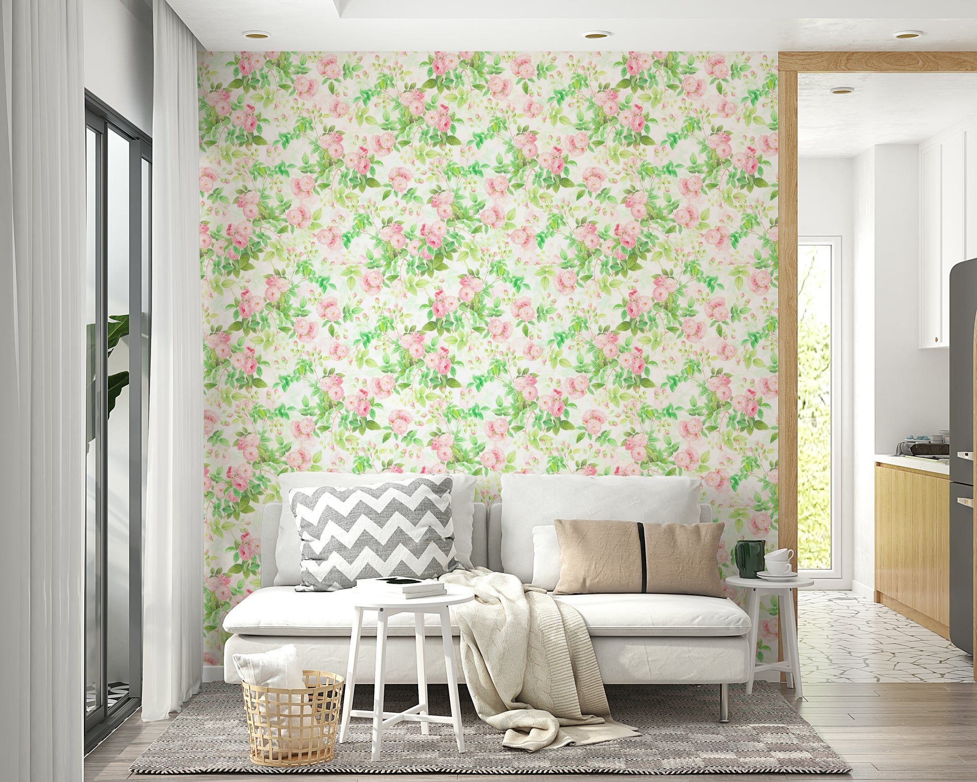 Feminine pink rose watercolor mural for chic spaces.

