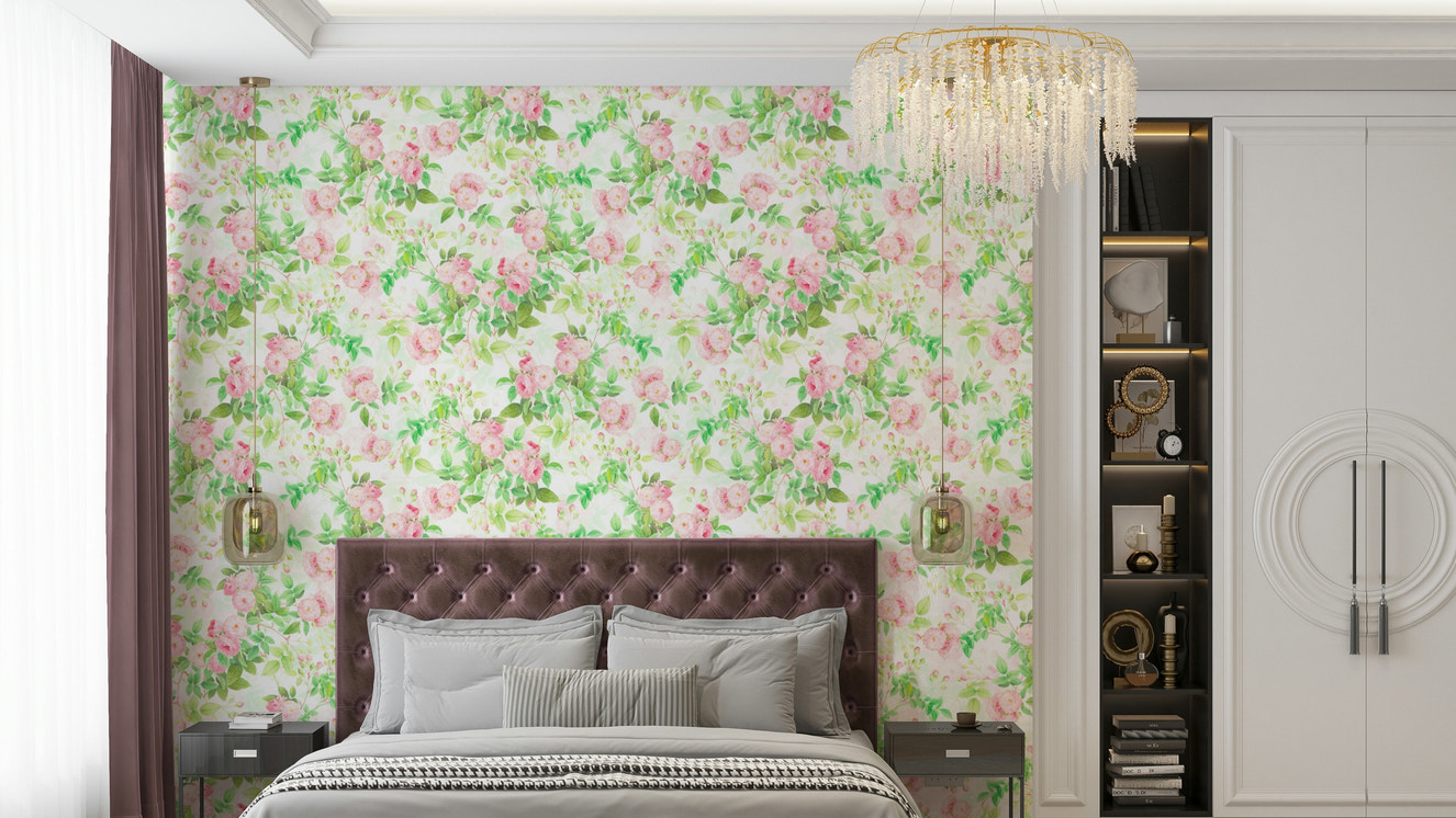 Dreamy pastel pink watercolor rose wallpaper for interiors.

