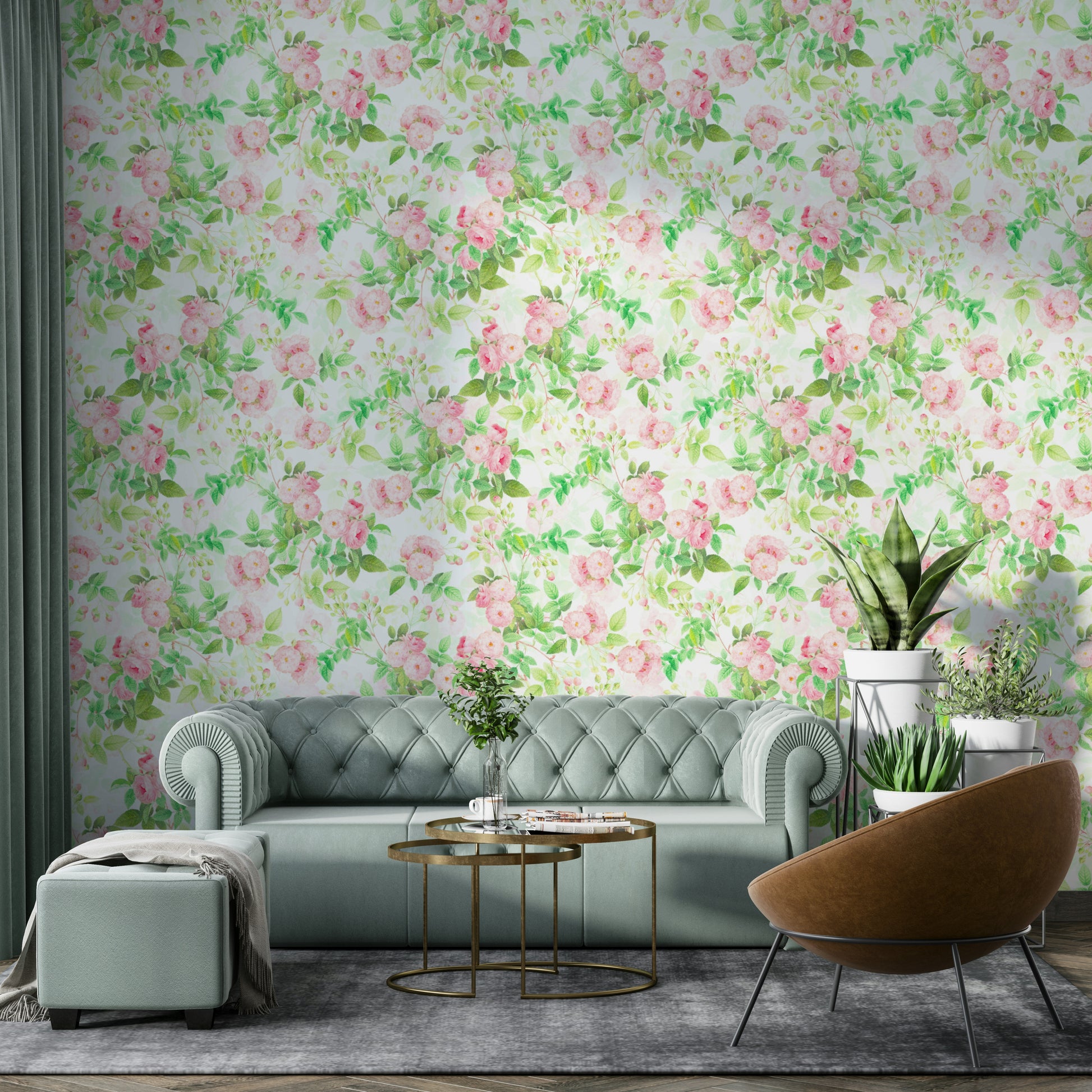 Floral watercolor wallpaper with soft pink rose motifs.

