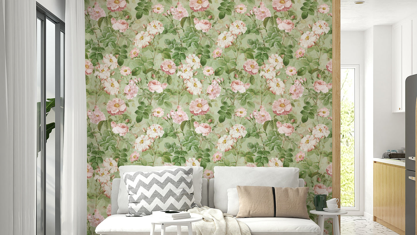Vintage rose wallpaper with delicate floral patterns.

