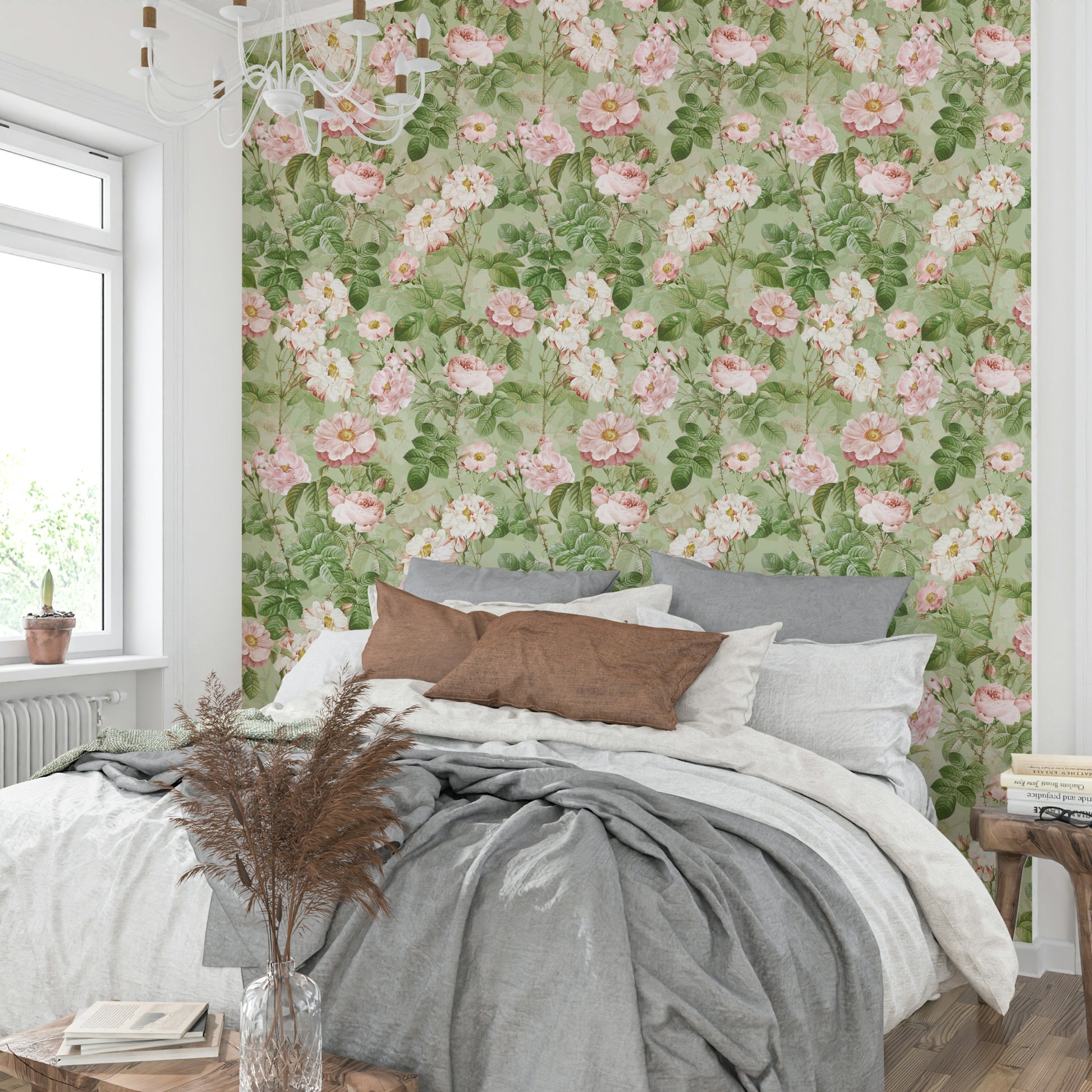 Vintage rose wallpaper with soft hues for charming walls.

