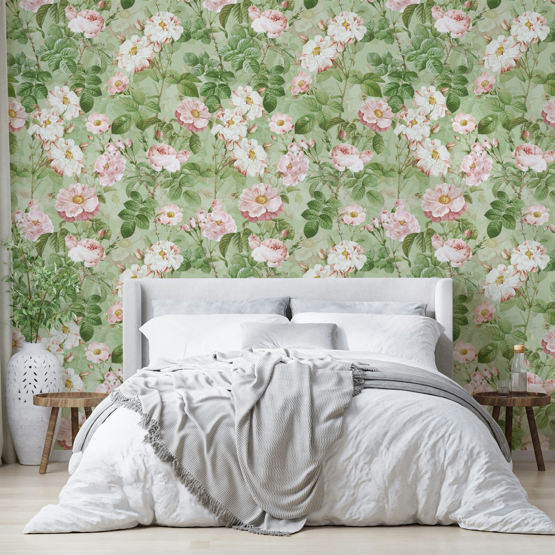 Soft vintage rose wallpaper for vintage bedroom styles.

