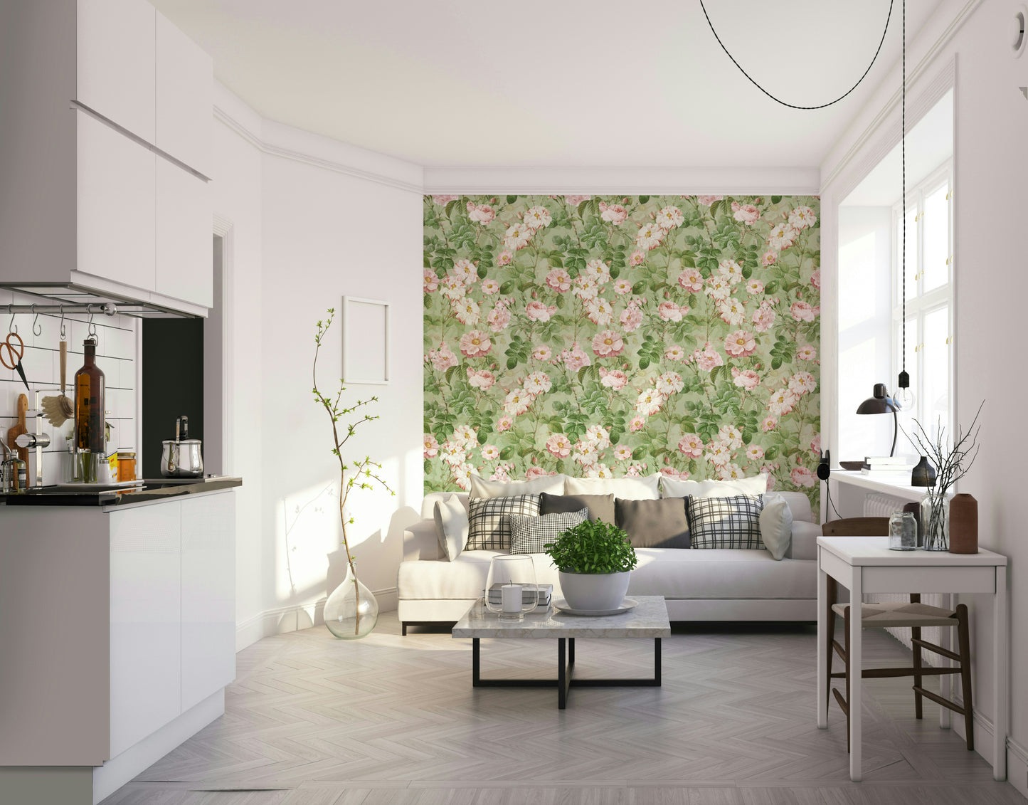 Vintage rose floral wallpaper creating a romantic atmosphere.

