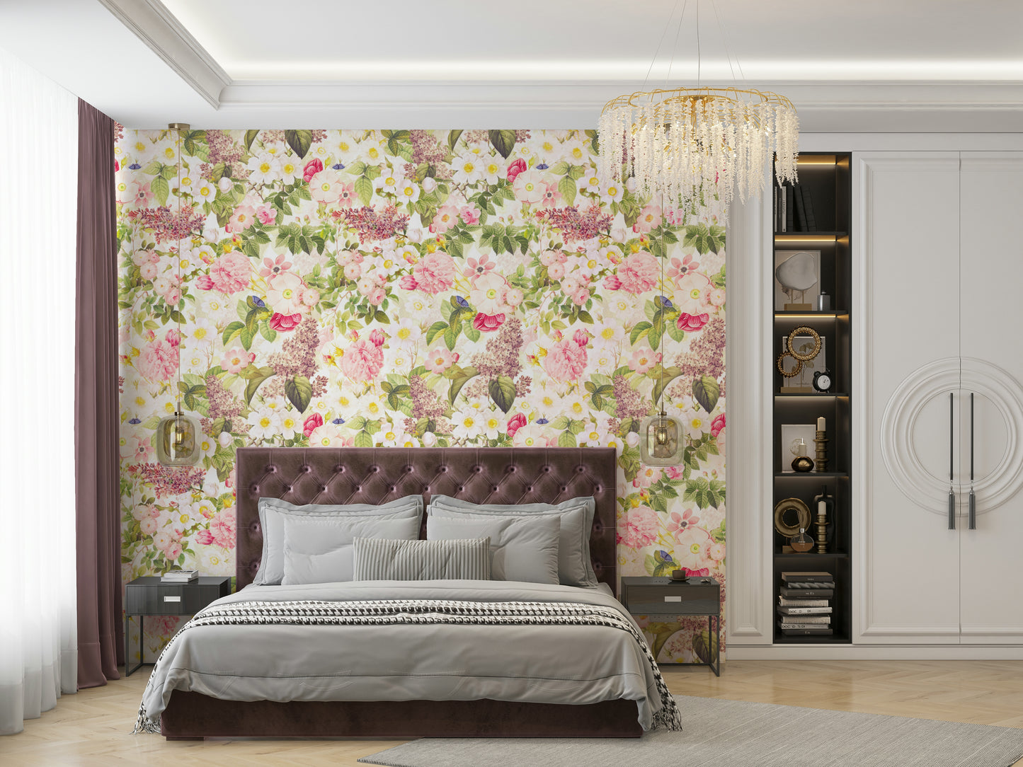 Retro garden wallpaper with lush flowers and leaves

