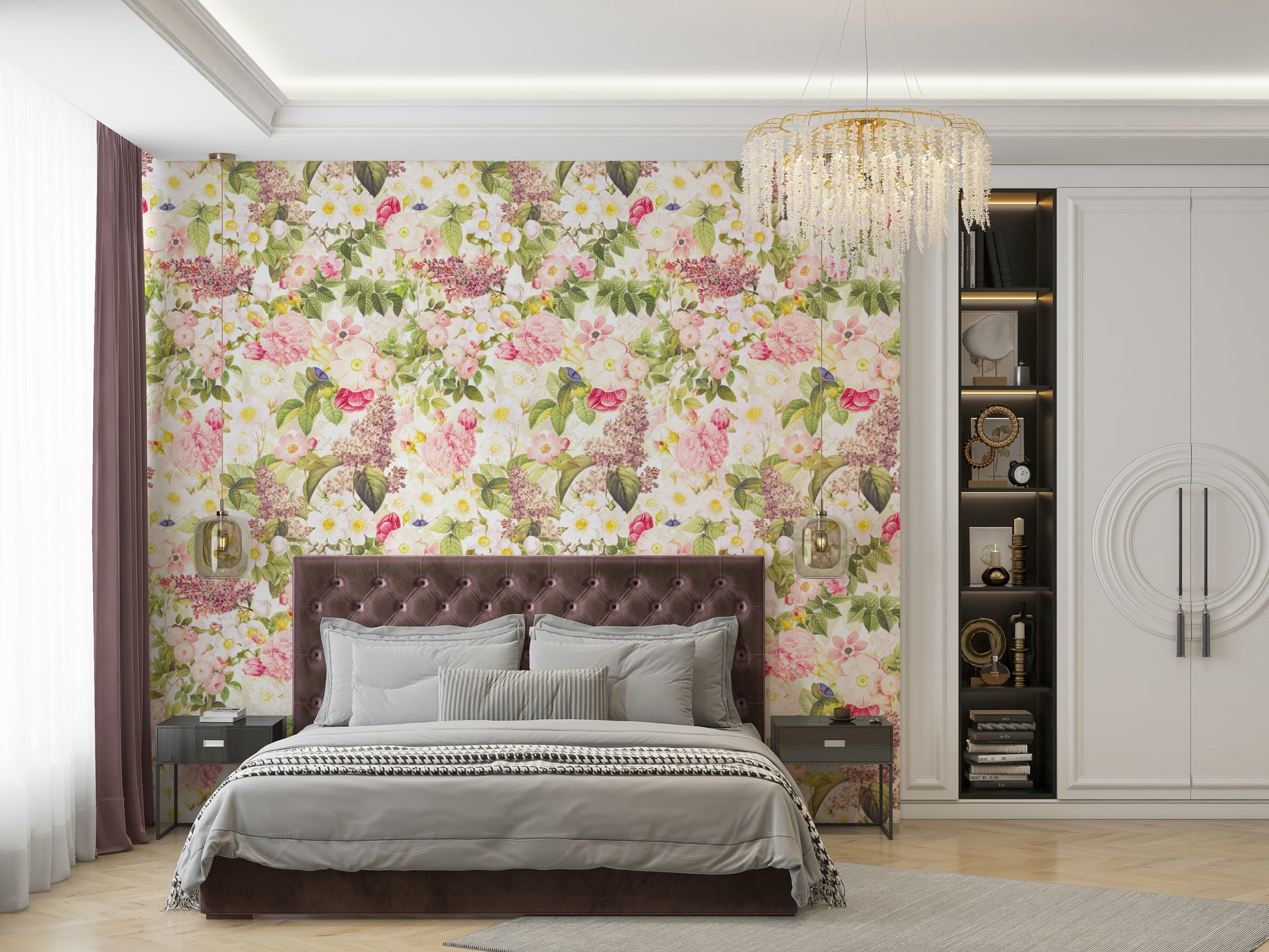 Retro garden wallpaper with lush flowers and leaves

