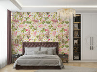 Retro garden wallpaper with lush flowers and leaves

