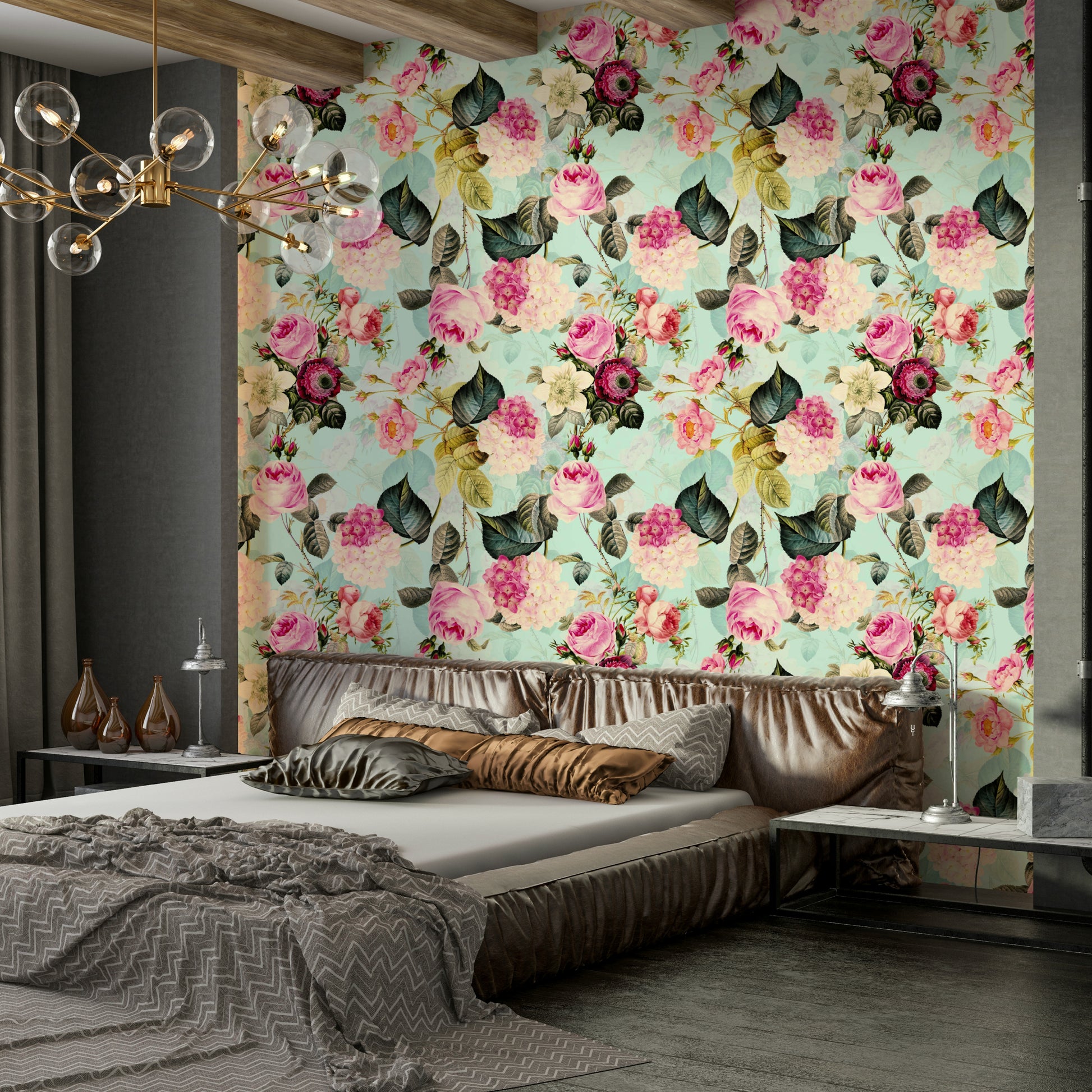Soft pink and green vintage rose wallpaper design

