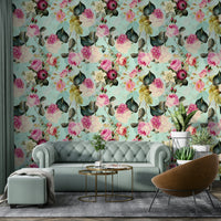 Vintage style wallpaper with roses and garden motifs

