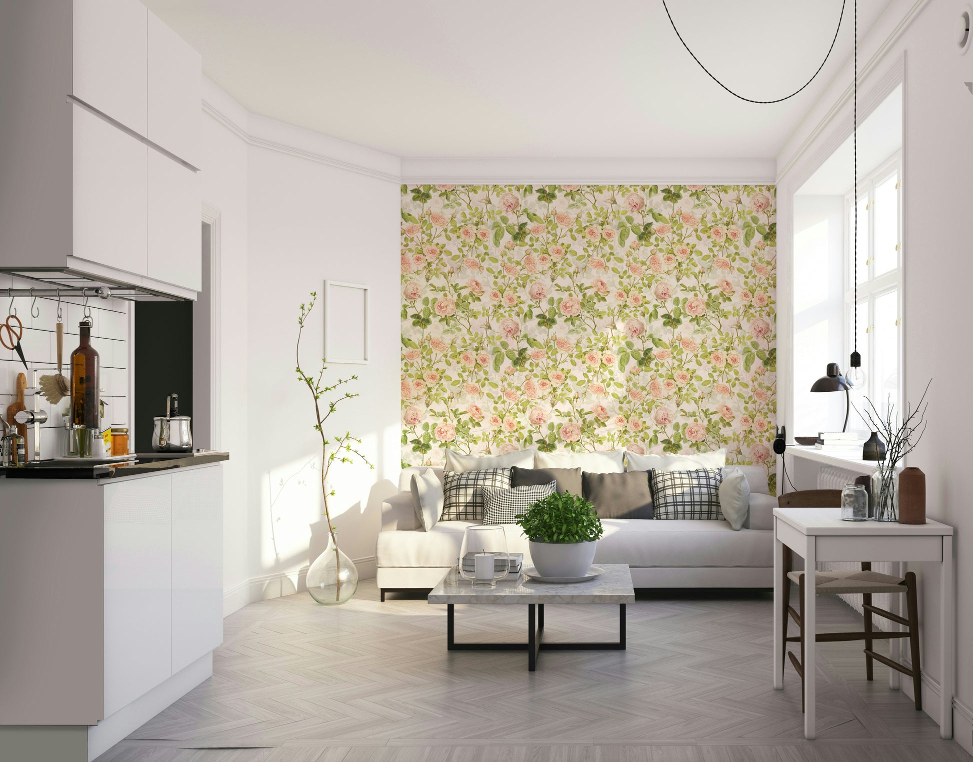 Elegant rose garden wallpaper design for classic interiors.

