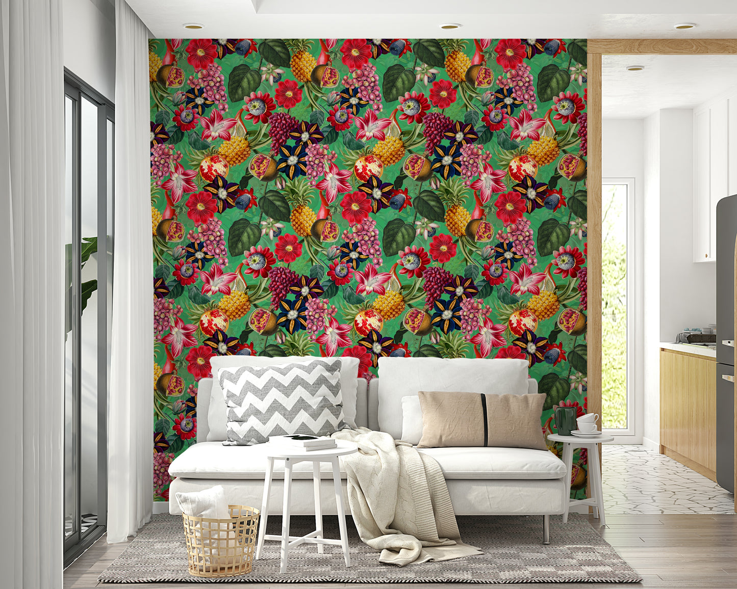 Exotic jungle-themed wall mural in tropical hues

