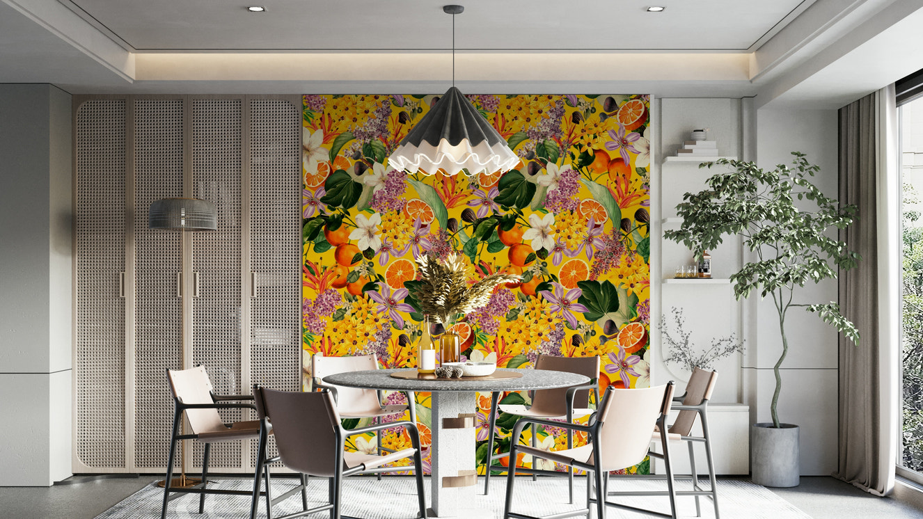 Bright botanical citrus blossom wallpaper design

