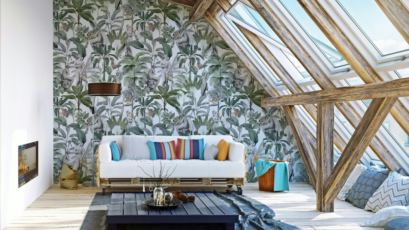 Creative tropical interior design using leafy textured wallpaper

