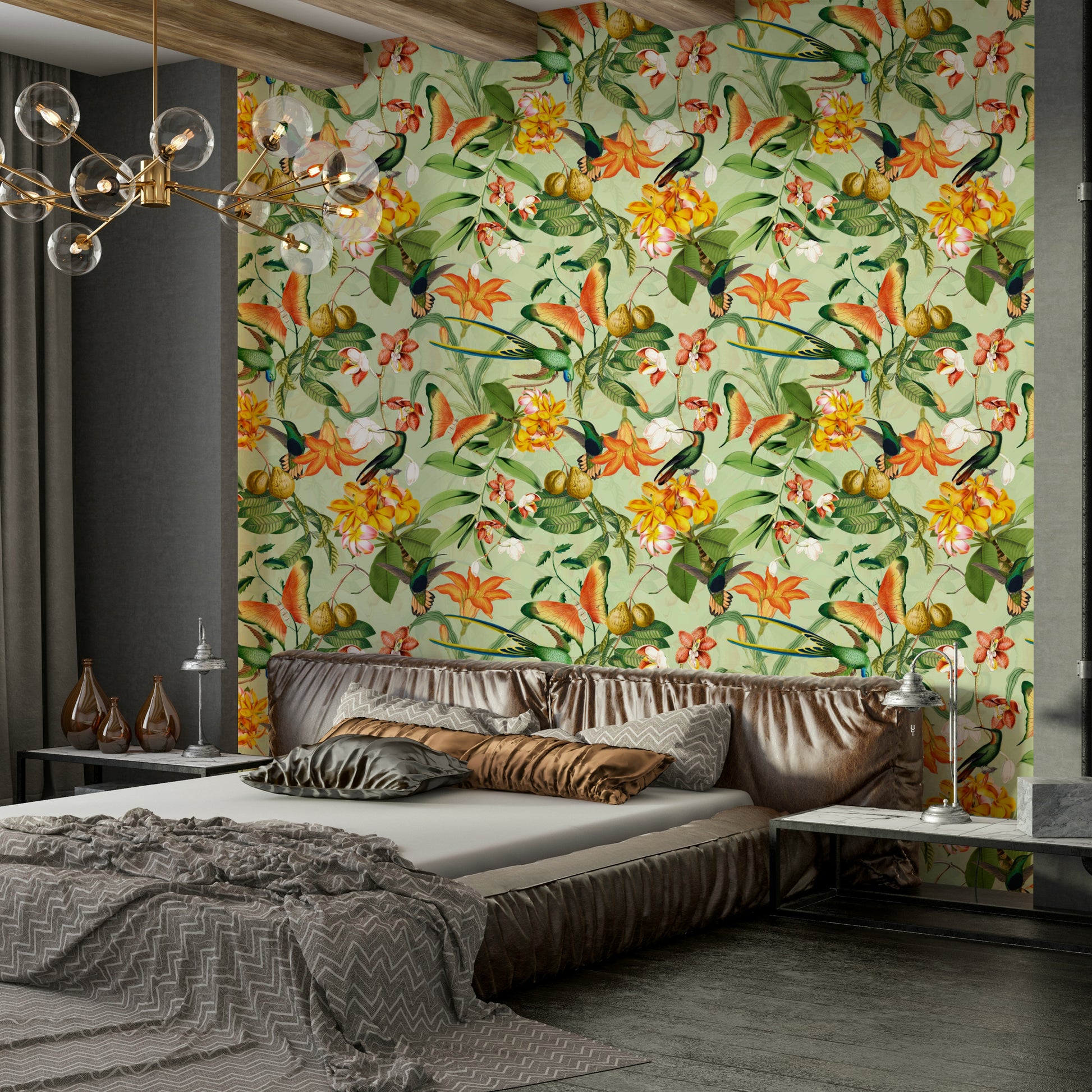 Peel and stick wallpaper with birds and nature motifs

