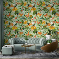Tropical birds and floral vines on Botanical Bird Rhapsody Wallpaper

