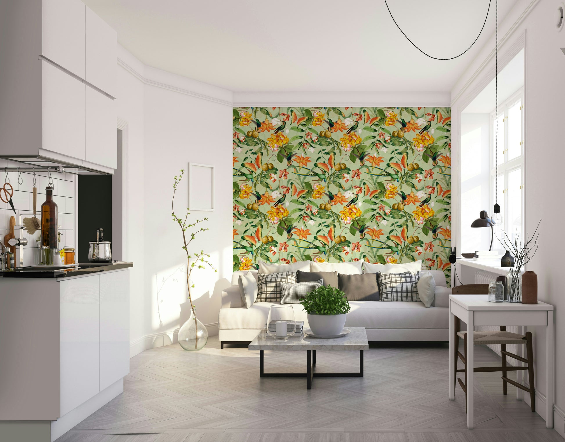 Elegant birds perched among botanical elements on wallpaper

