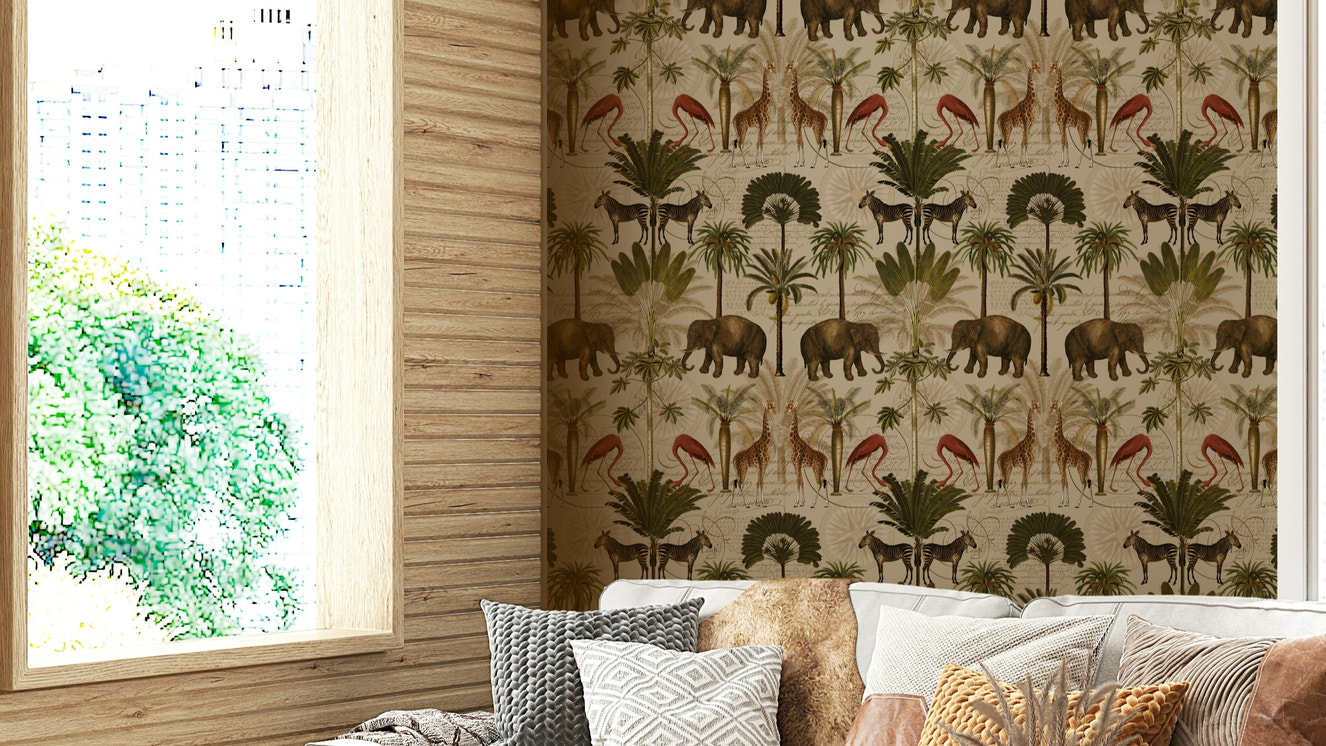 Lush green jungle wallpaper featuring vintage botanical elements.

