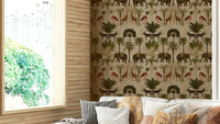Lush green jungle wallpaper featuring vintage botanical elements.

