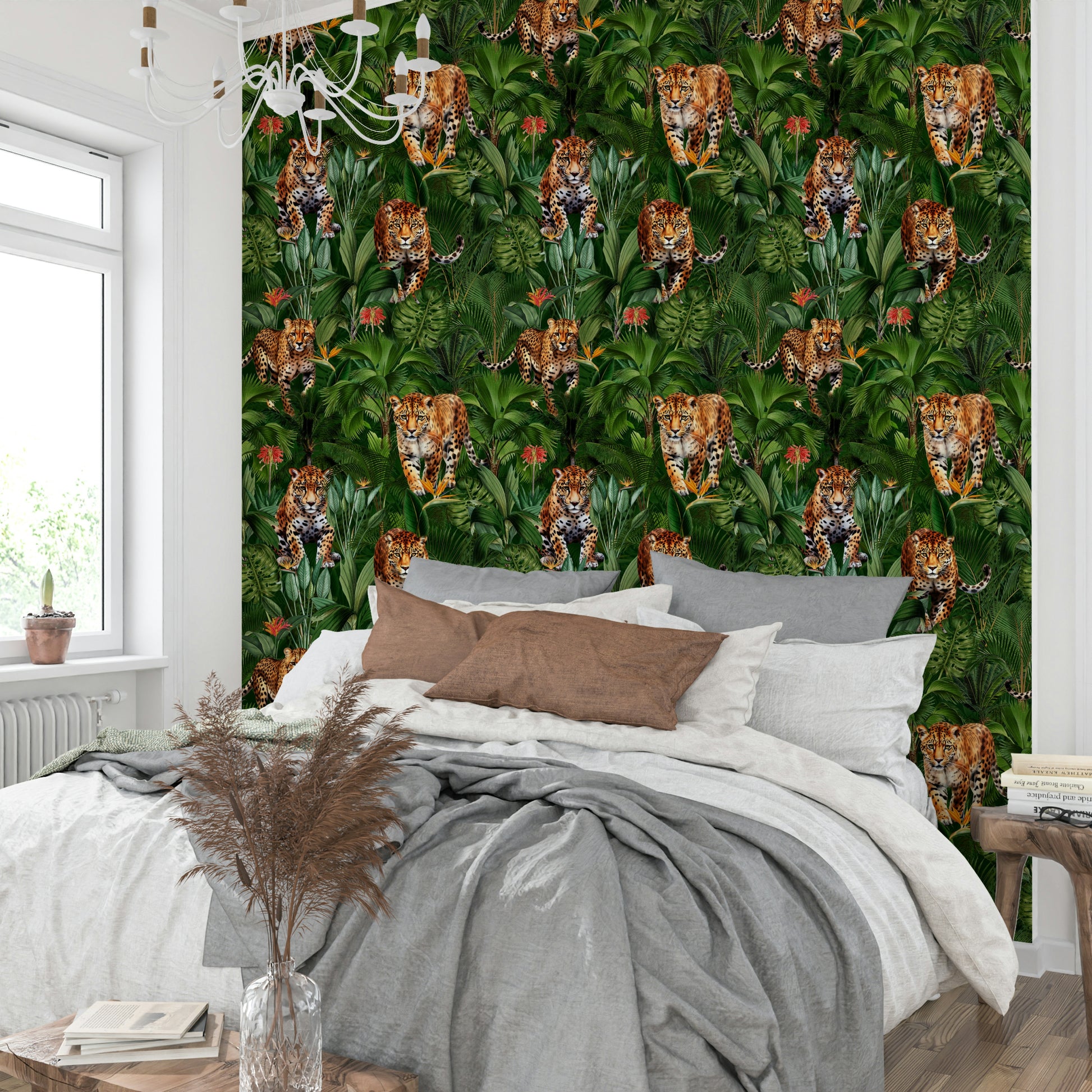 Jungle wallpaper featuring fierce leopards and tigers

