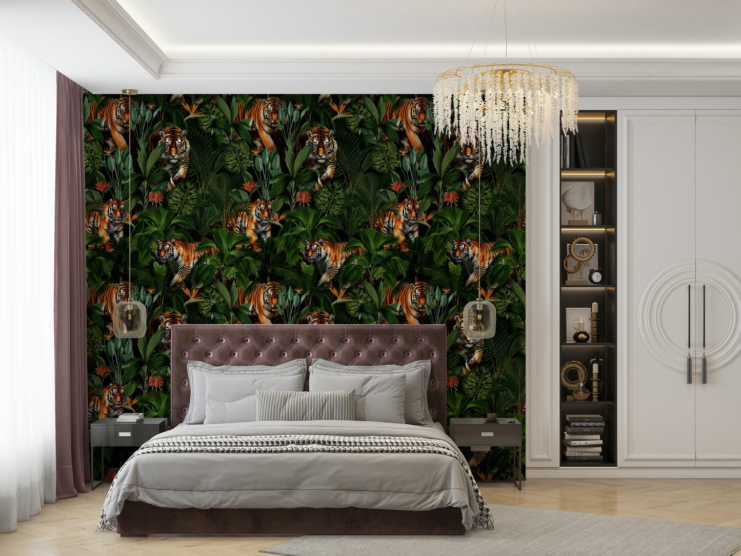 Beautiful tiger illustration in vibrant jungle wallpaper

