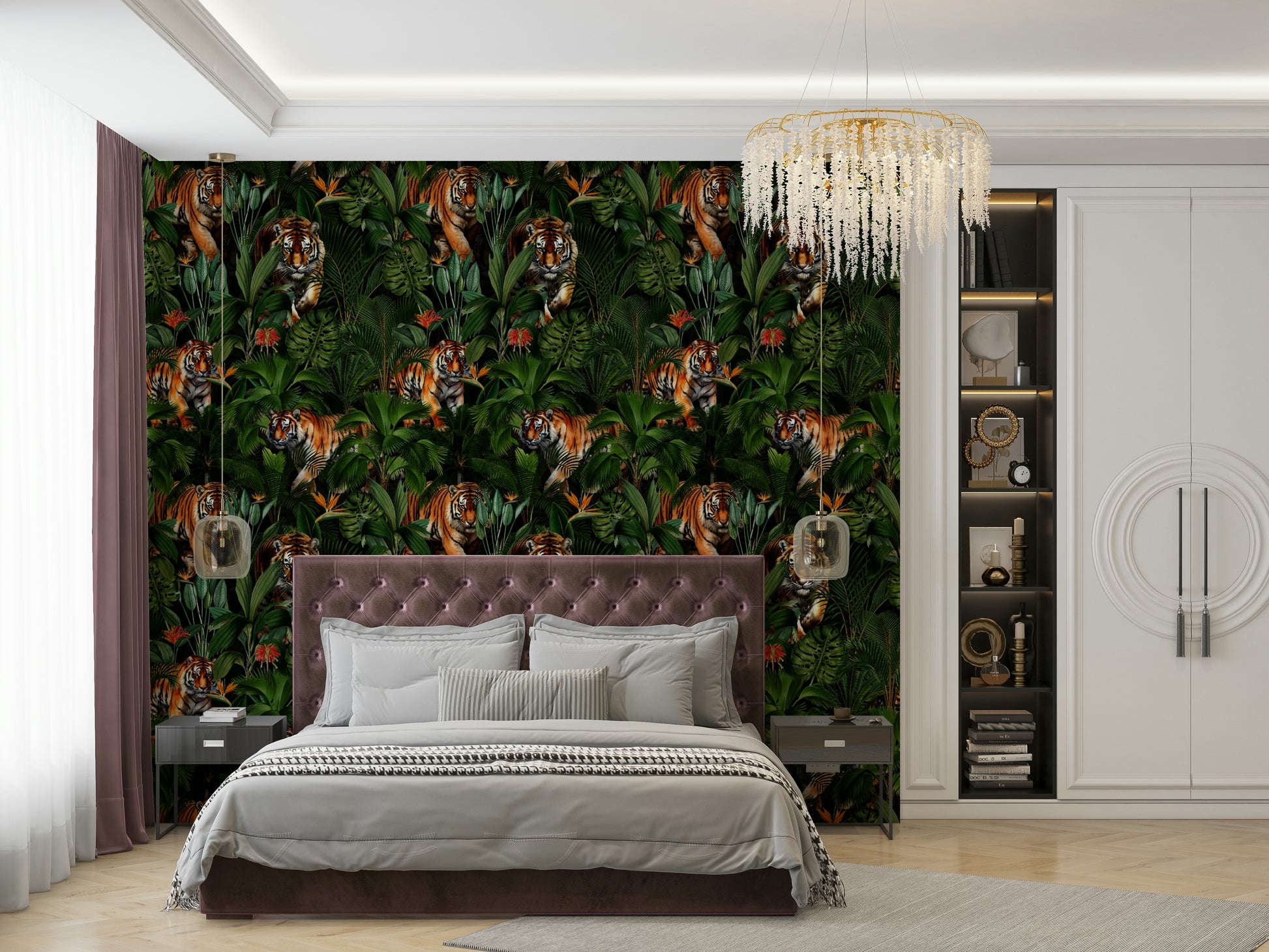 Beautiful tiger illustration in vibrant jungle wallpaper

