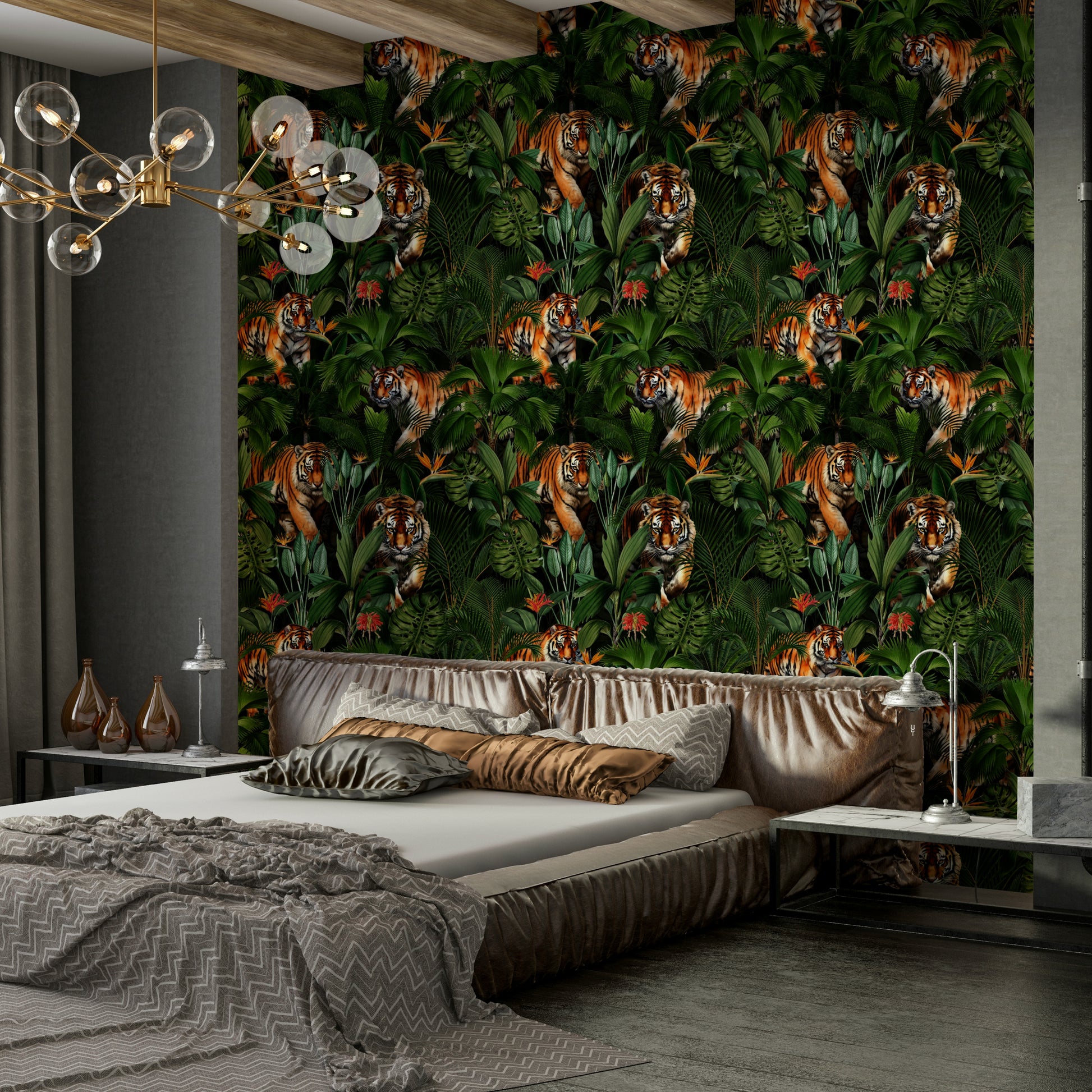 Tiger in lush greenery, perfect for exotic interiors

