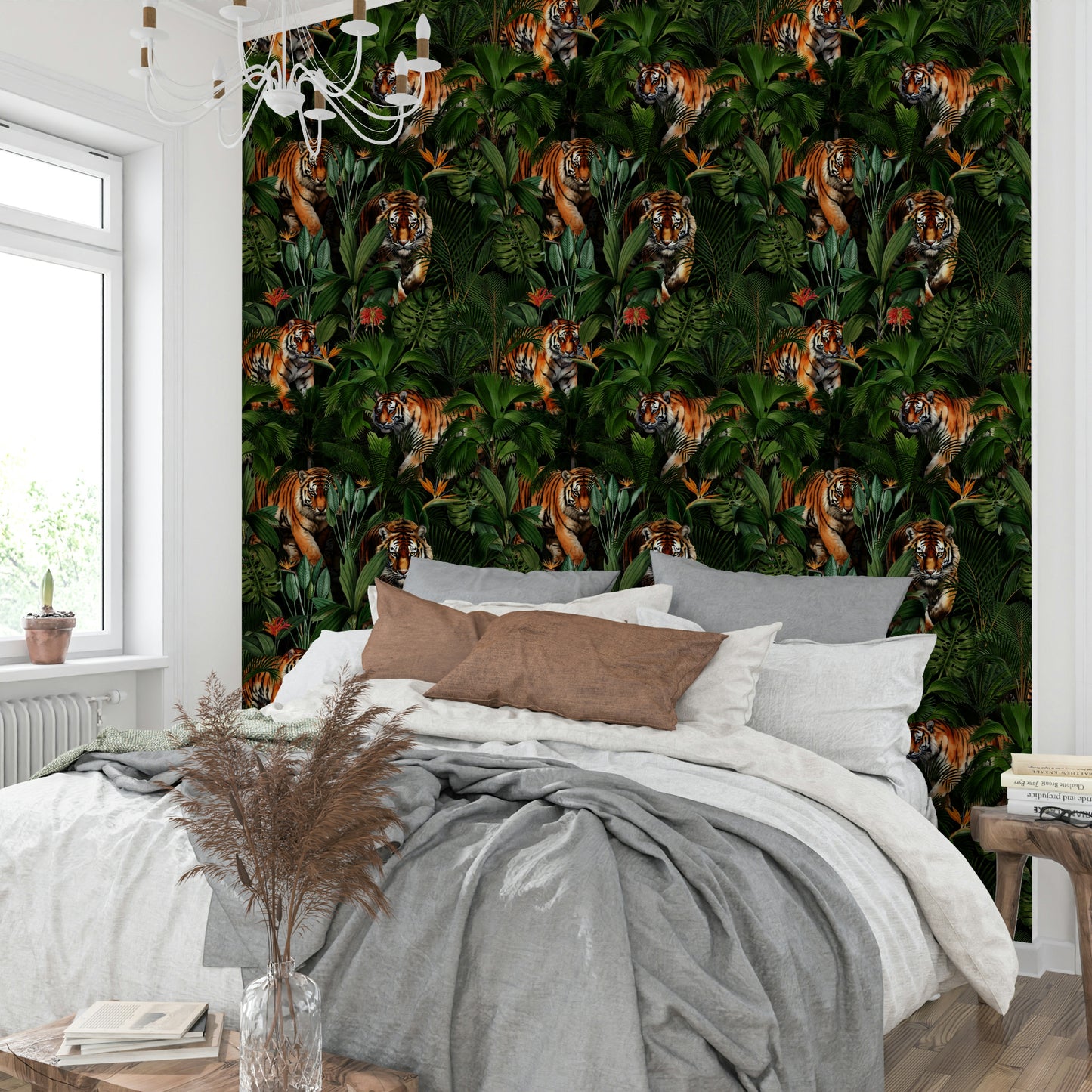 Bold tiger peeking through paradise jungle wallpaper

