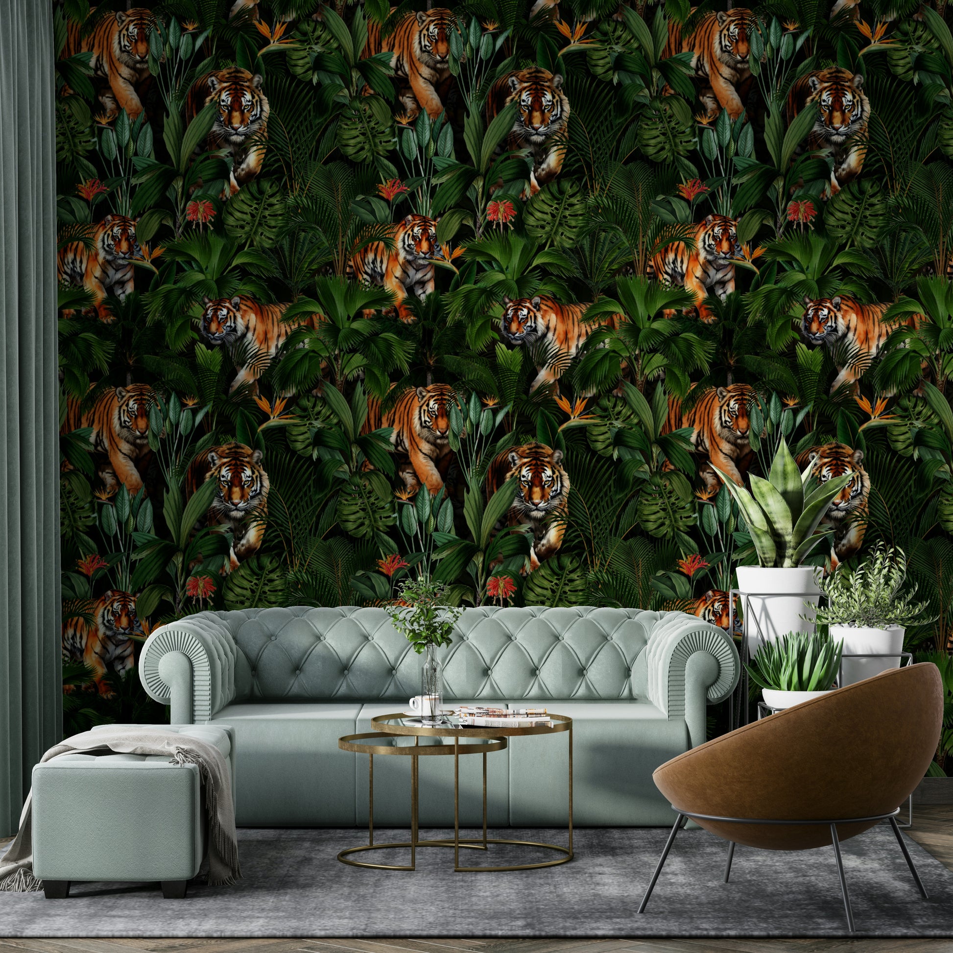 Exotic tiger design on vibrant tropical wallpaper

