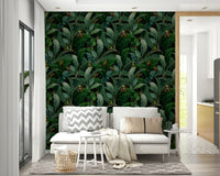 Tropical jungle wallpaper showcasing emerald eyes in the leaves.

