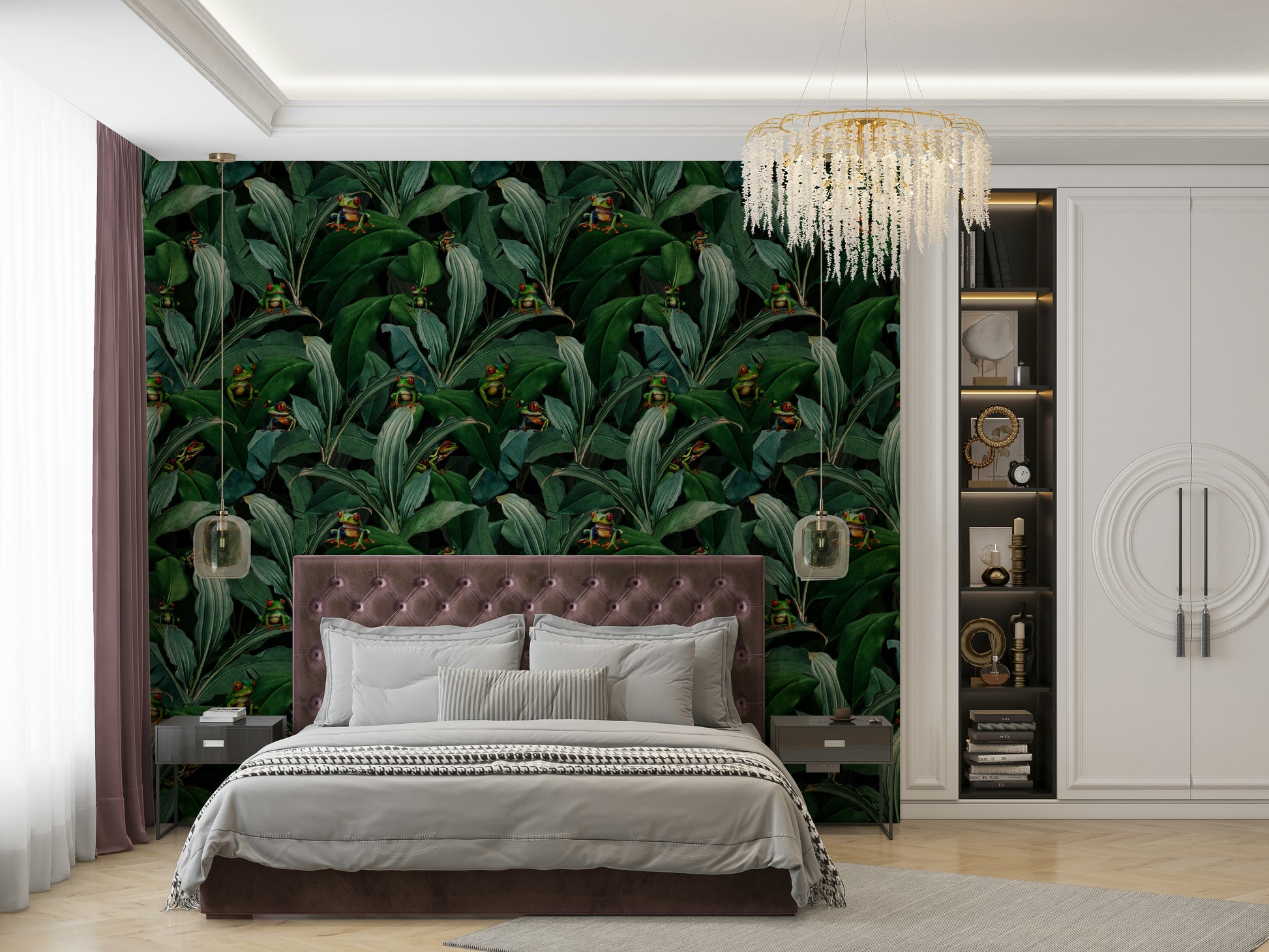 Jungle-inspired wallpaper with piercing emerald eyes.

