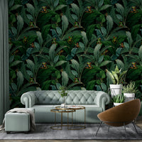 Vivid emerald eyes hidden in lush green jungle wallpaper.

