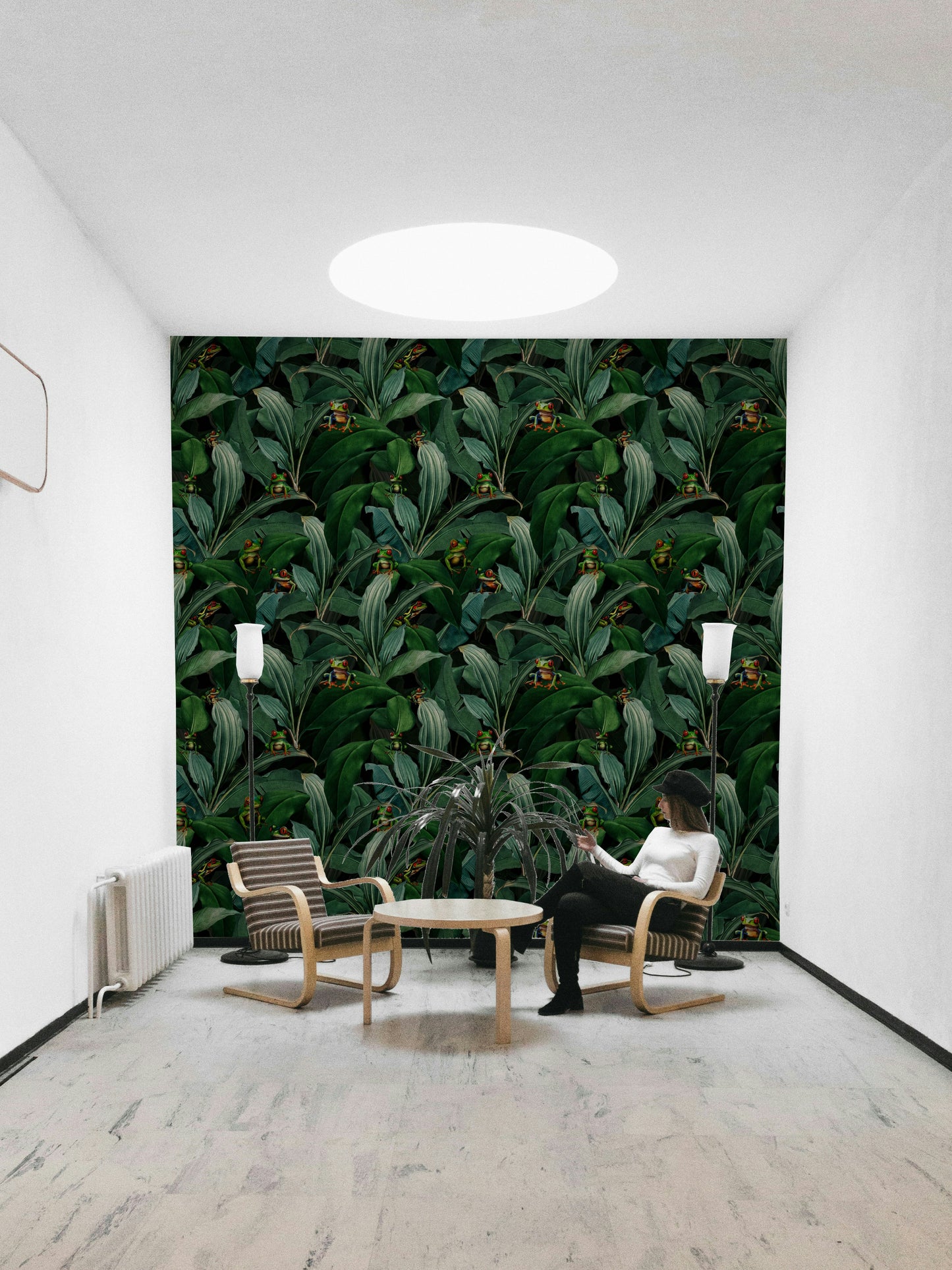 Wallpaper design with emerald eyes and vibrant jungle leaves.

