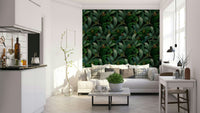 Lush emerald green jungle wallpaper with vivid eyes.

