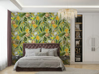 Tropical aviary scene with exotic birds on lush plants wallpaper.

