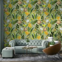 Calming tropical aviary wallpaper with a blend of nature.


