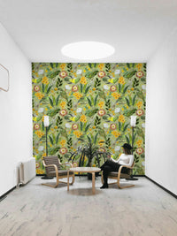 Bright and serene tropical wallpaper with aviary elements.

