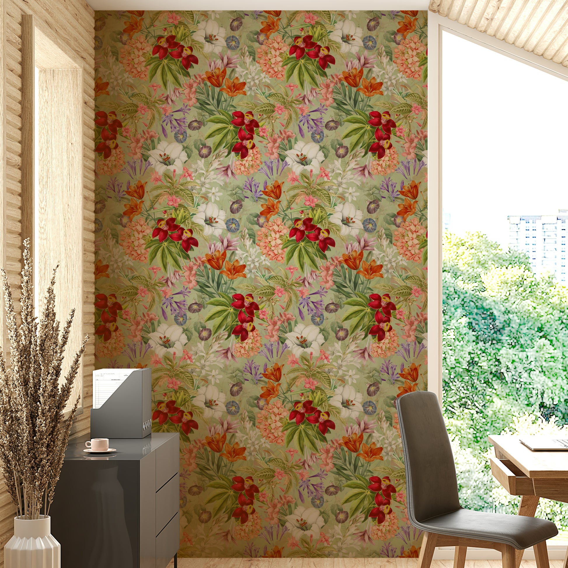 Antique-inspired botanical wallpaper for rustic interiors.

