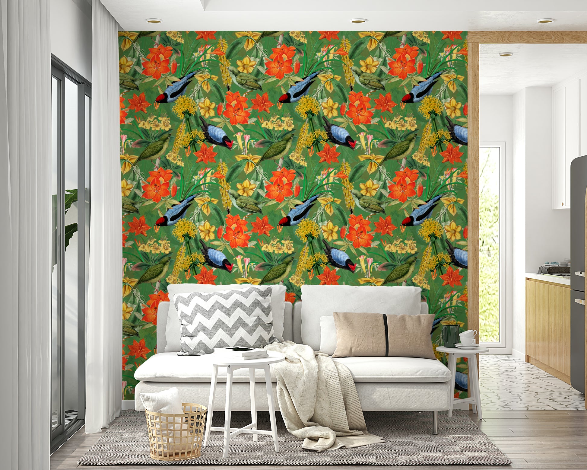 Tropical bird and leaf pattern wallpaper for walls