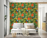 Tropical bird and leaf pattern wallpaper for walls